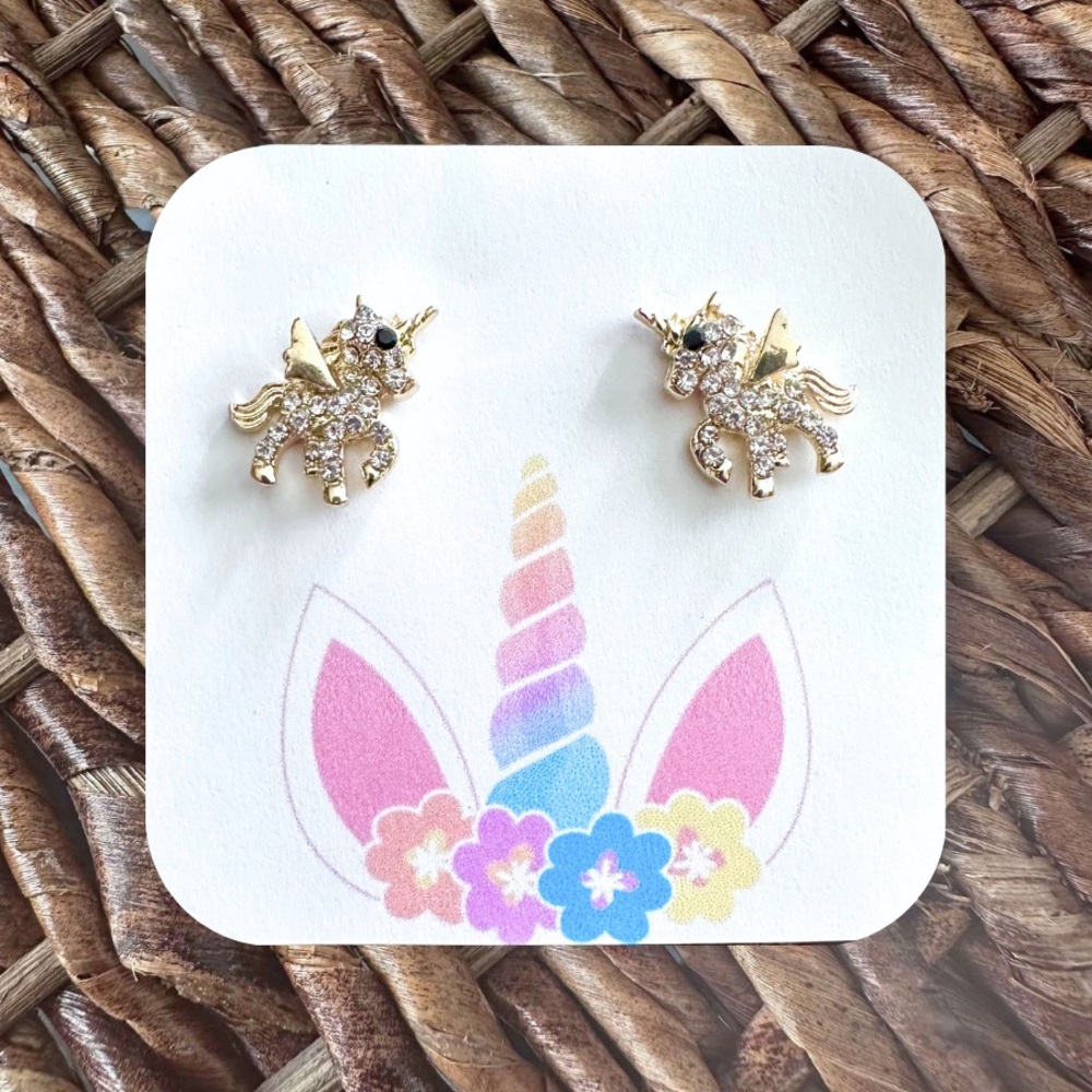 Cute New Sparkly Gold-Tone Unicorn Stud Earrings 🦄 (0.75” tall x 0.5” wide)